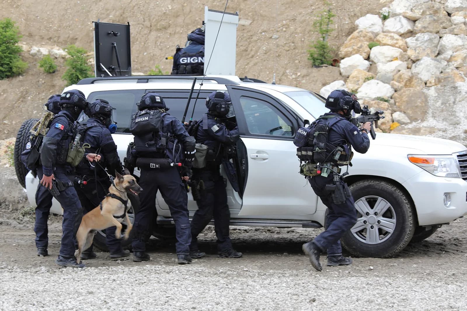 Colonne d'assaut du GIGN avec véhicule blindé et chien d'intervention lors d'une démonstration